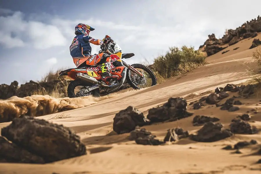 KTM's rally bike in the desert where reliability is very important