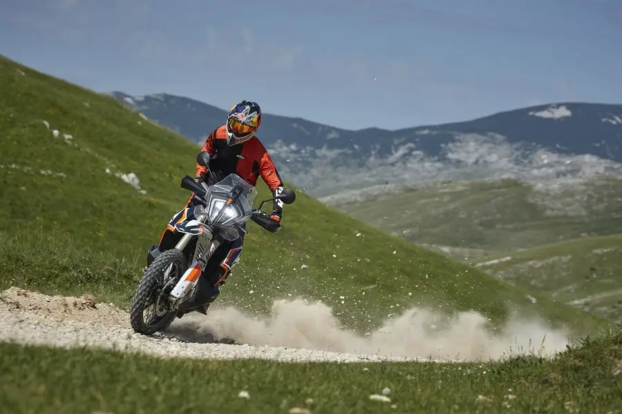 KTM 790 Adventure R power sliding in the dirt