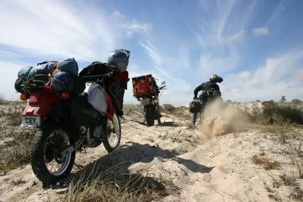 Riding in thick sand with heavily laden adventure bikes